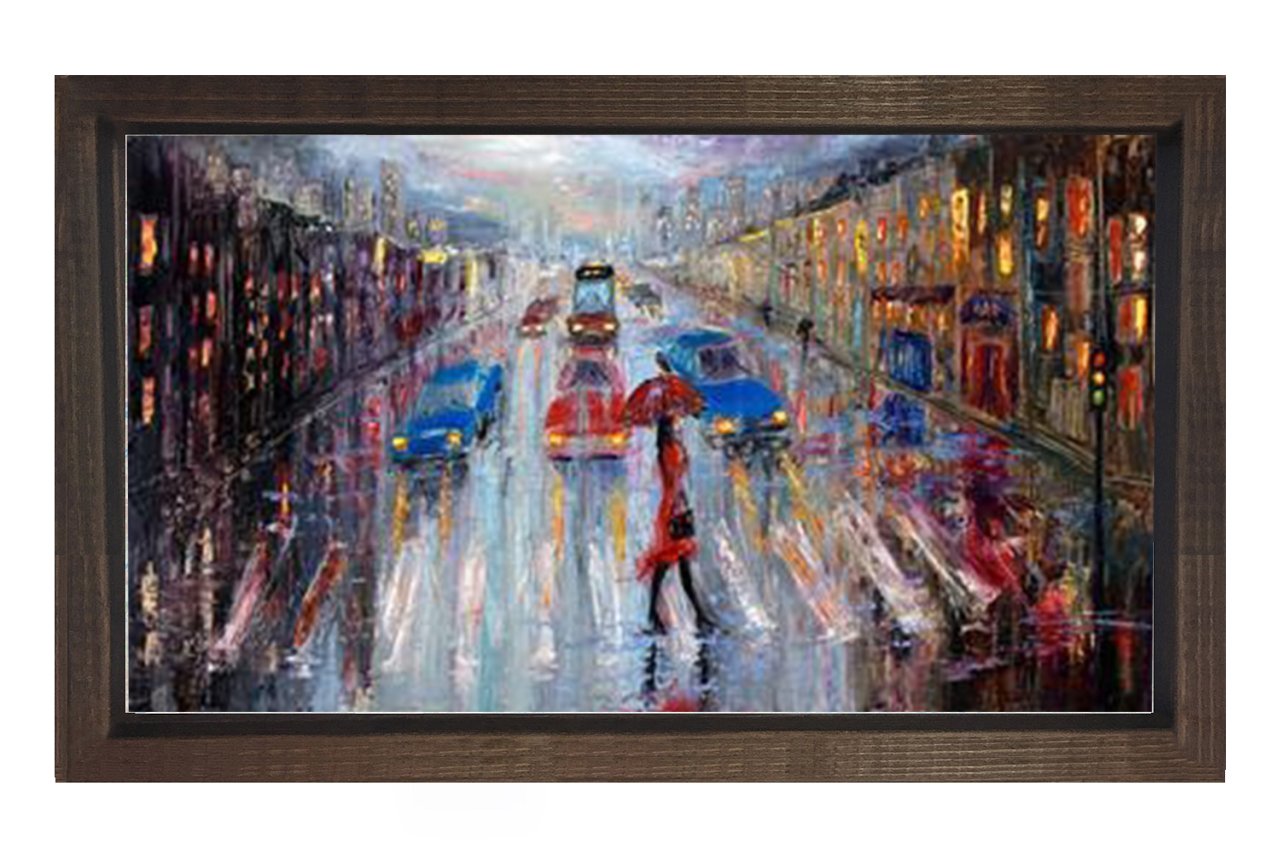 Yağmurlu Şehir YağlıBoya Tablosu Kahverengi Ahşap Çerçeve - 45x30