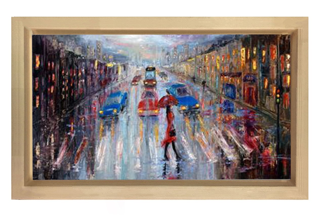 Yağmurlu Şehir YağlıBoya Tablosu Naturel Ahşap Çerçeve - 100x150