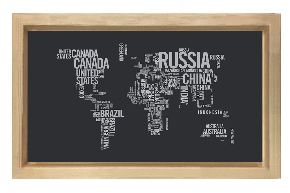 Dünya Haritası Tipografi Tablosu Naturel Ahşap Çerçeve - 70x100