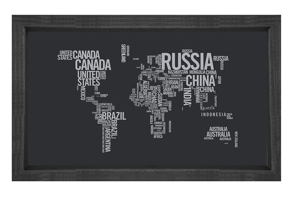 Dünya Haritası Tipografi Tablosu Siyah Ahşap Çerçeve - 100x150