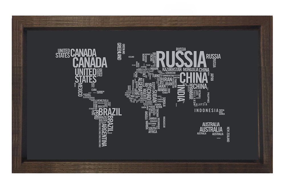 Dünya Haritası Tipografi Tablosu Kahverengi Ahşap Çerçeve - 40x60