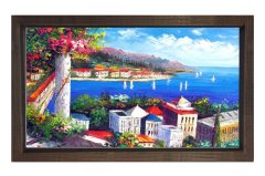 Deniz Manzarası Ve Şehir Tablosu Kahverengi Ahşap Çerçeve - 50x70