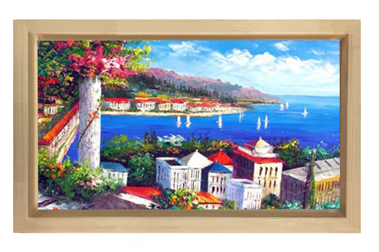 Deniz Manzarası Ve Şehir Tablosu Naturel Ahşap Çerçeve - 70x100