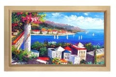 Deniz Manzarası Ve Şehir Tablosu Naturel Ahşap Çerçeve - 70x100