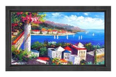 Deniz Manzarası Ve Şehir Tablosu Siyah Ahşap Çerçeve - 100x150