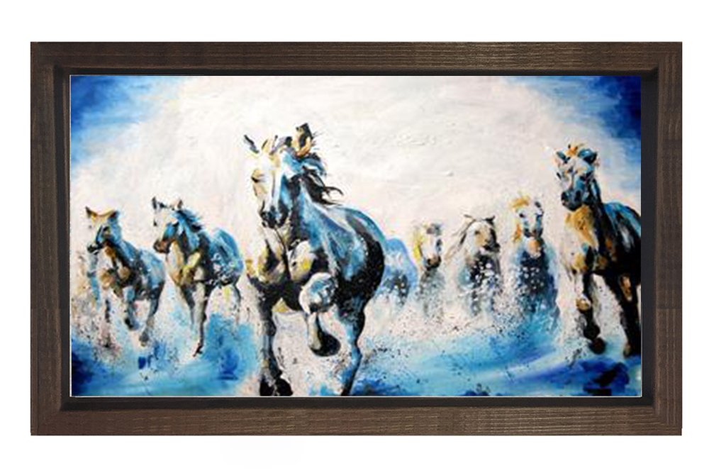 Beyaz Atlar Tablosu Kahverengi Ahşap Çerçeve - 100x200