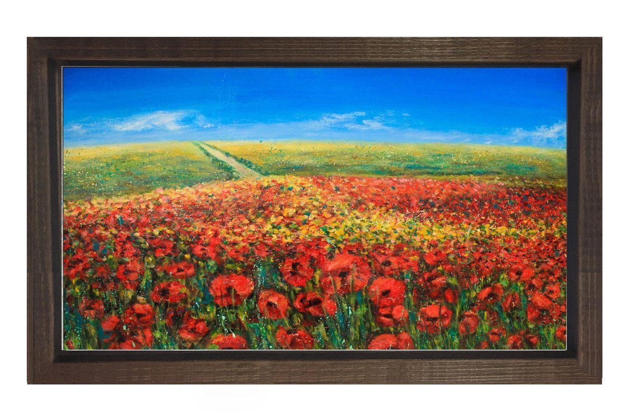 Gelincik Tarlası Manzara Tablosu Kahverengi Ahşap - 40x60