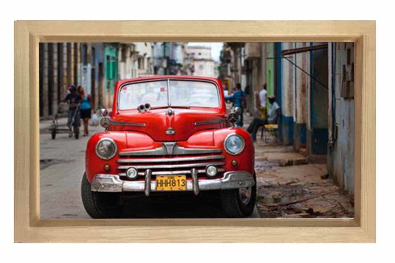 Şehir ve Klasik Kırmızı Araba Tablosu Naturel Ahşap - 100x200