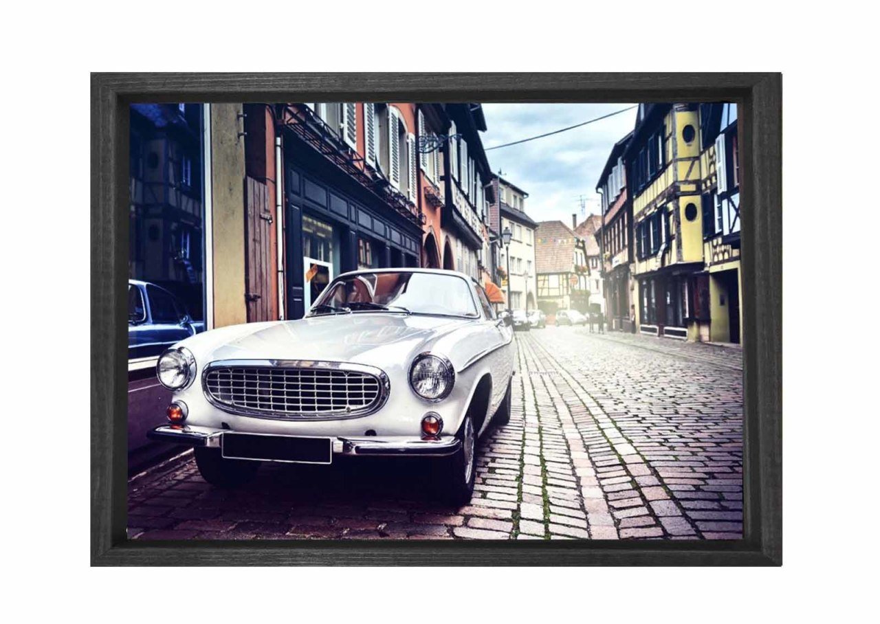 Klasik Araba ve Şehir Tablosu Siyah Ahşap Çerçeve - 50x90