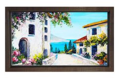 Çiçekli Evler Deniz Manzarası Tablosu Kahverengi Ahşap Çerçeve - 100x200