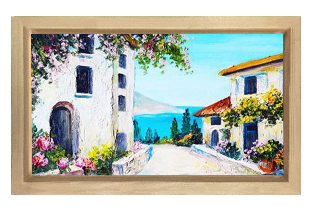 Çiçekli Evler Deniz Manzarası Tablosu Naturel Ahşap Çerçeve - 100x150