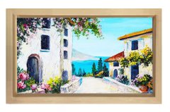 Çiçekli Evler Deniz Manzarası Tablosu Naturel Ahşap Çerçeve - 100x150