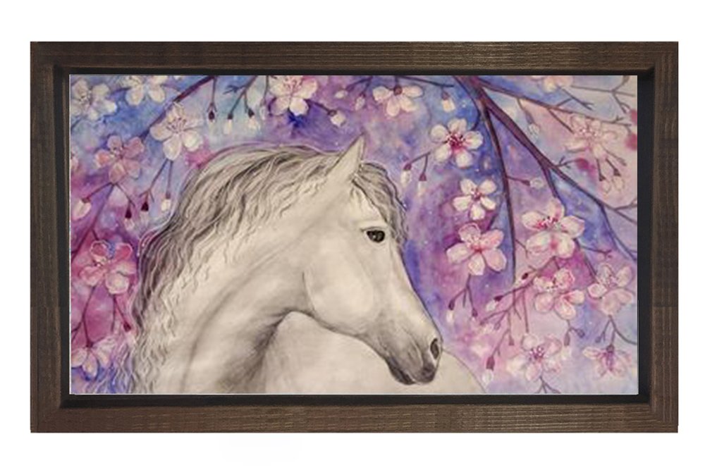 Çiçekli At ve Beyaz At Tablosu Kahverengi Ahşap Çerçeve - 50x90