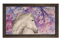 Çiçekli At ve Beyaz At Tablosu Kahverengi Ahşap Çerçeve - 50x90