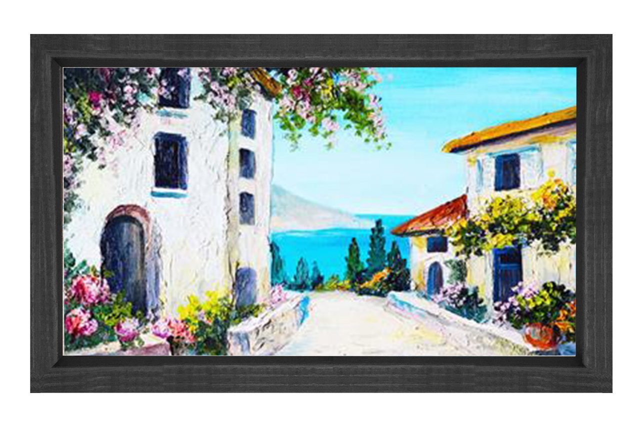 Çiçekli Evler Deniz Manzarası Tablosu Siyah Ahşap Çerçeve - 50x90