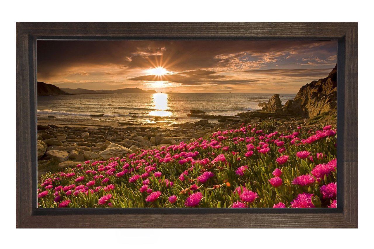 Kırmızı Çiçekler Günbatımı Tablosu Kahverengi Ahşap - 50x90