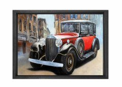 Şehir ve Klasik Araba Tablosu Siyah Ahşap - 40x60