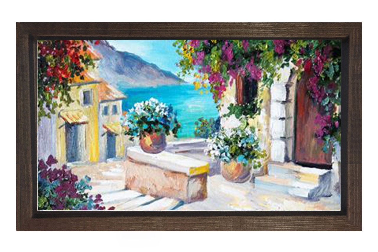 Çiçekli Evler Deniz Manzarası Tablosu Kahverengi Ahşap Çerçeve - 50x90