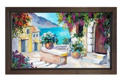 Çiçekli Evler Deniz Manzarası Tablosu Kahverengi Ahşap Çerçeve - 50x90