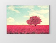 Kırmızı Çiçekler Ağaç Manzara Tablosu Çerçevesiz - 70x100