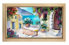 Çiçekli Evler Deniz Manzarası Tablosu Naturel Ahşap Çerçeve - 45x30