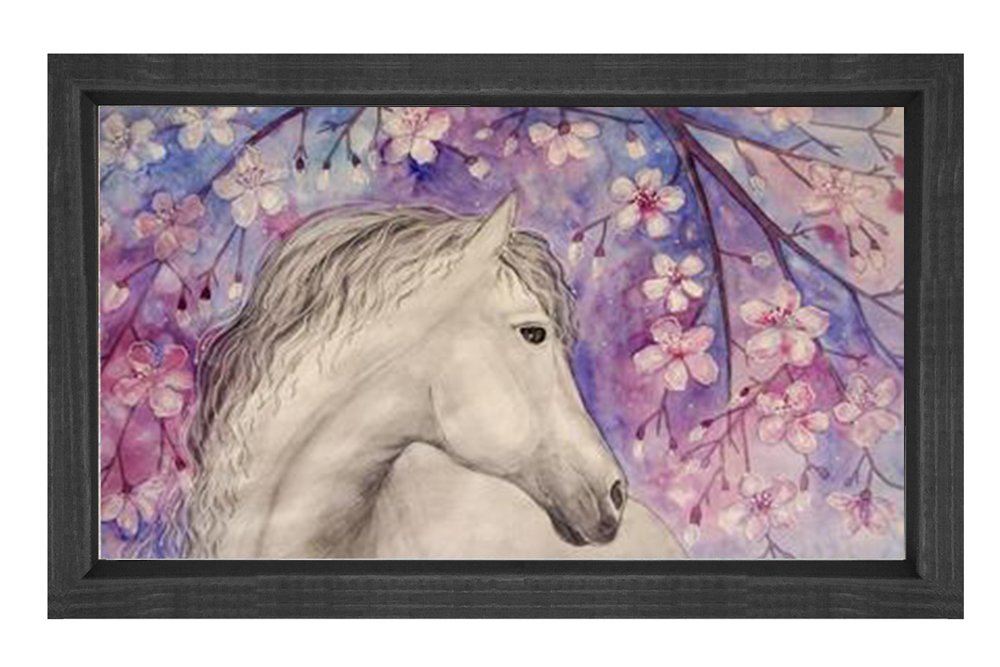 Çiçekli At ve Beyaz At Tablosu Siyah Ahşap Çerçeve - 50x90