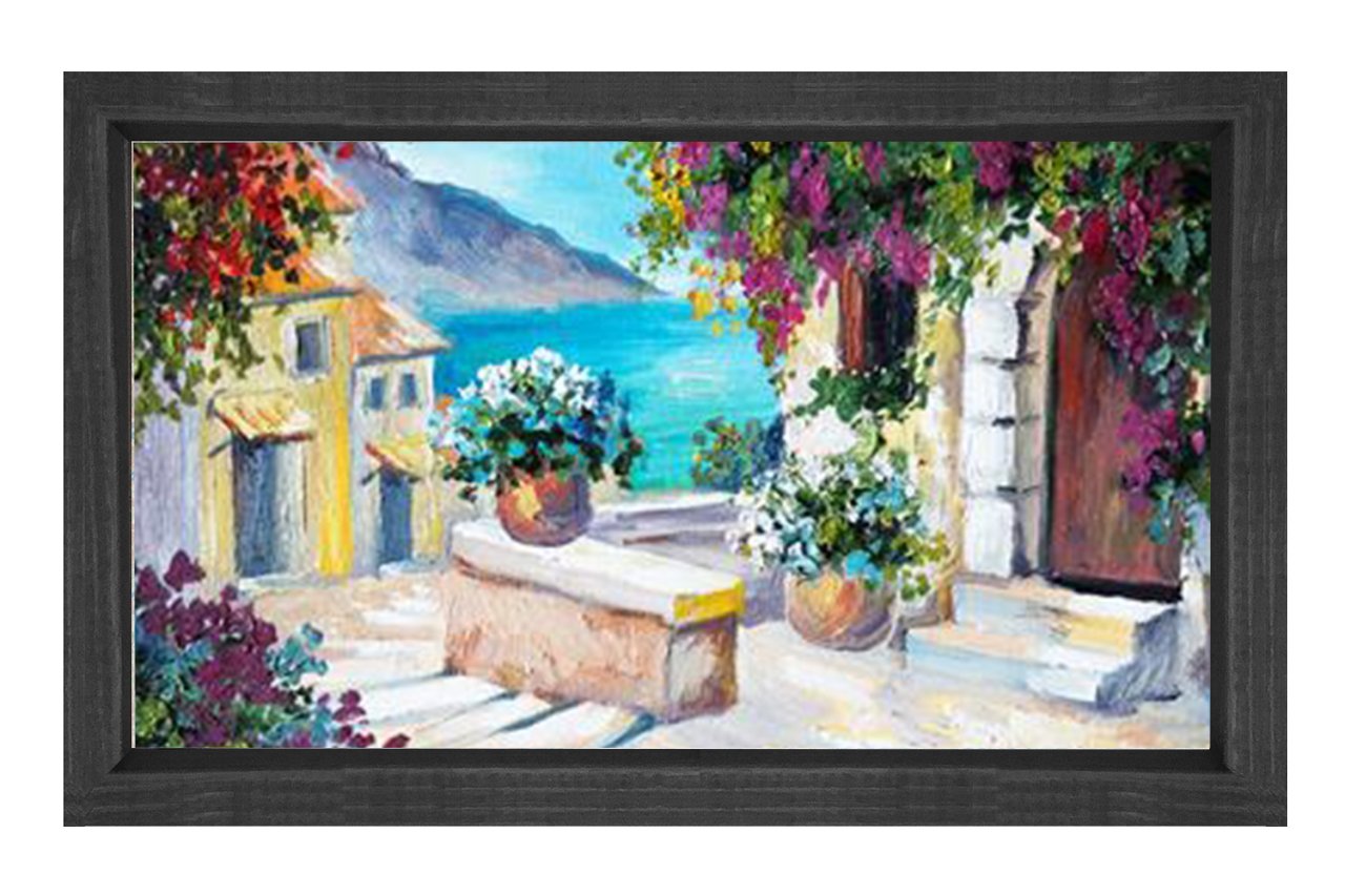 Çiçekli Evler Deniz Manzarası Tablosu Siyah Ahşap Çerçeve - 100x150