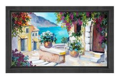 Çiçekli Evler Deniz Manzarası Tablosu Siyah Ahşap Çerçeve - 45x30