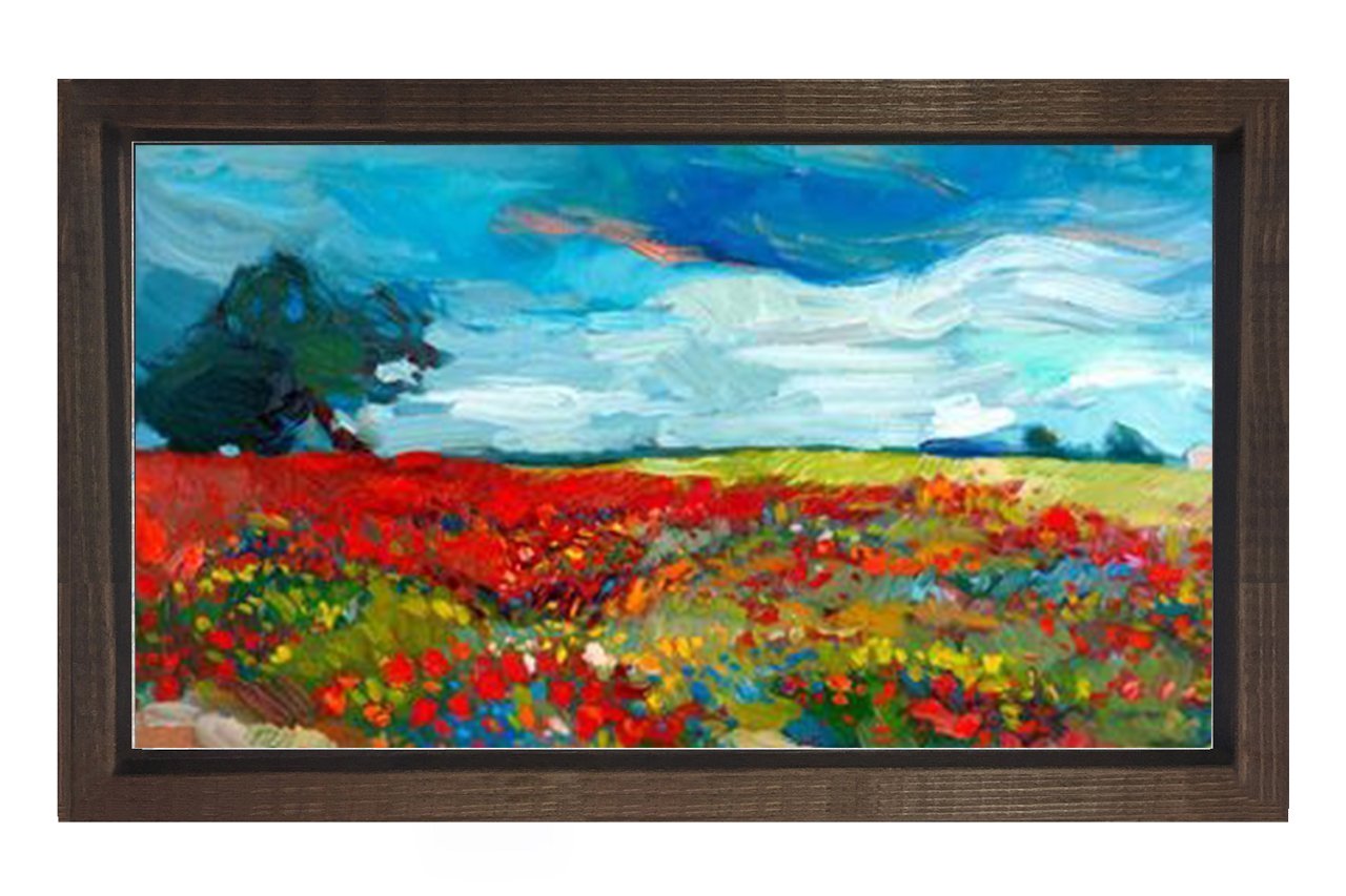 Kırmızı Çiçekli Doğa Manzarası Tablosu Kahverengi Ahşap - 50x70