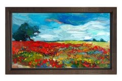 Kırmızı Çiçekli Doğa Manzarası Tablosu Kahverengi Ahşap - 50x70