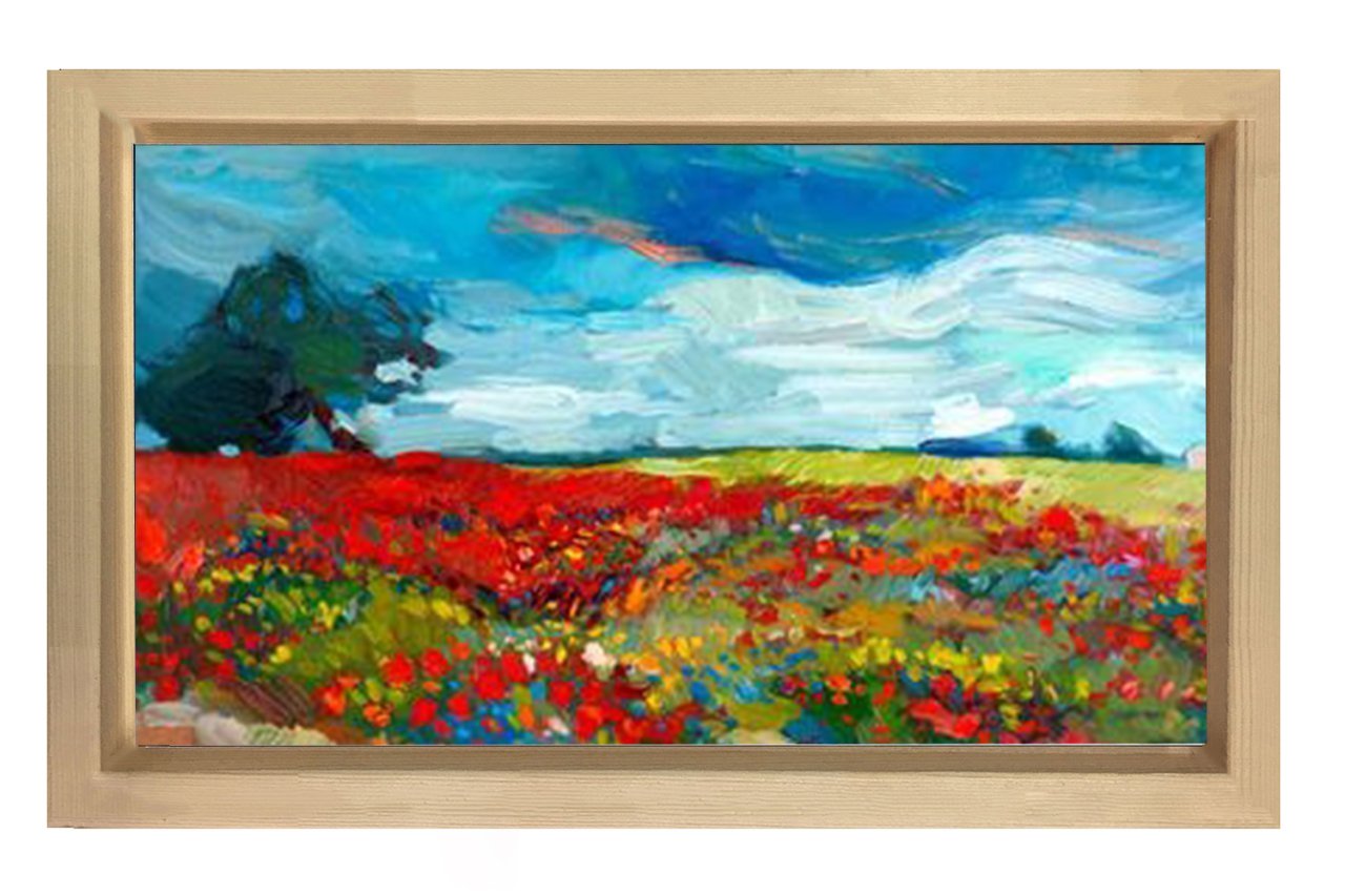 Kırmızı Çiçekli Doğa Manzarası Tablosu Naturel Ahşap - 100x150