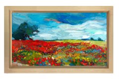 Kırmızı Çiçekli Doğa Manzarası Tablosu Naturel Ahşap - 45x30