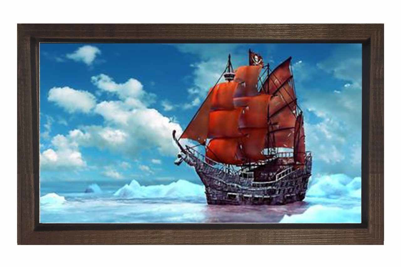 Kırmızı Yelkenli Gemi Tablosu Kahverengi Ahşap Çerçeve - 50x90