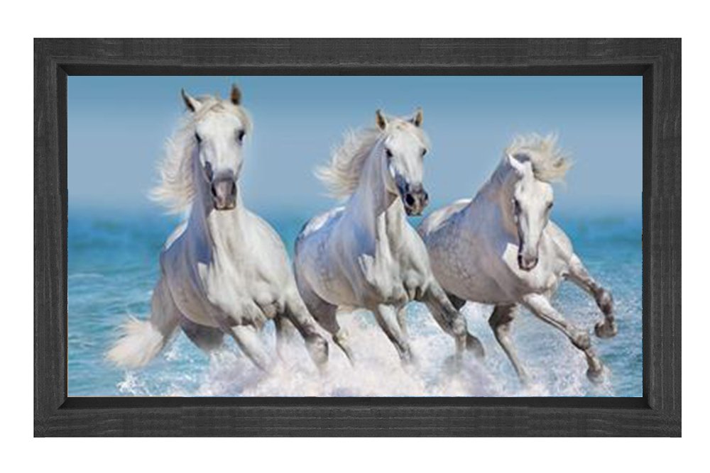Koşan Beyaz Atlar Tablosu Siyah Ahşap Çerçeve - 40x60