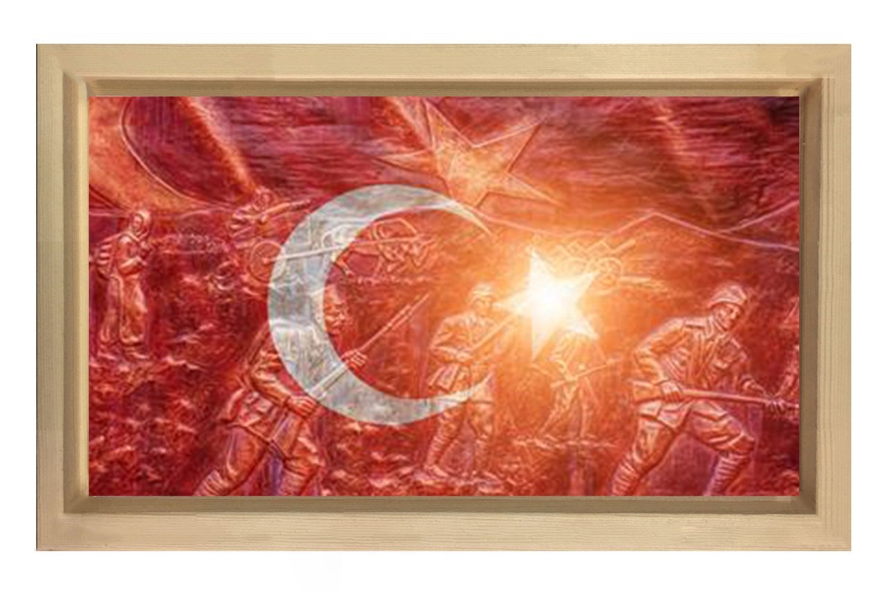 Çanakkale Savaşı Türk Bayrağı Tablosu Naturel Ahşap Çerçeve - 45x30