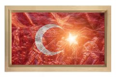 Çanakkale Savaşı Türk Bayrağı Tablosu Naturel Ahşap Çerçeve - 45x30