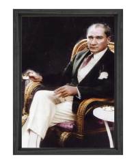 Atatürk Kahve İçerken Tablosu Siyah Ahşap - 50x70