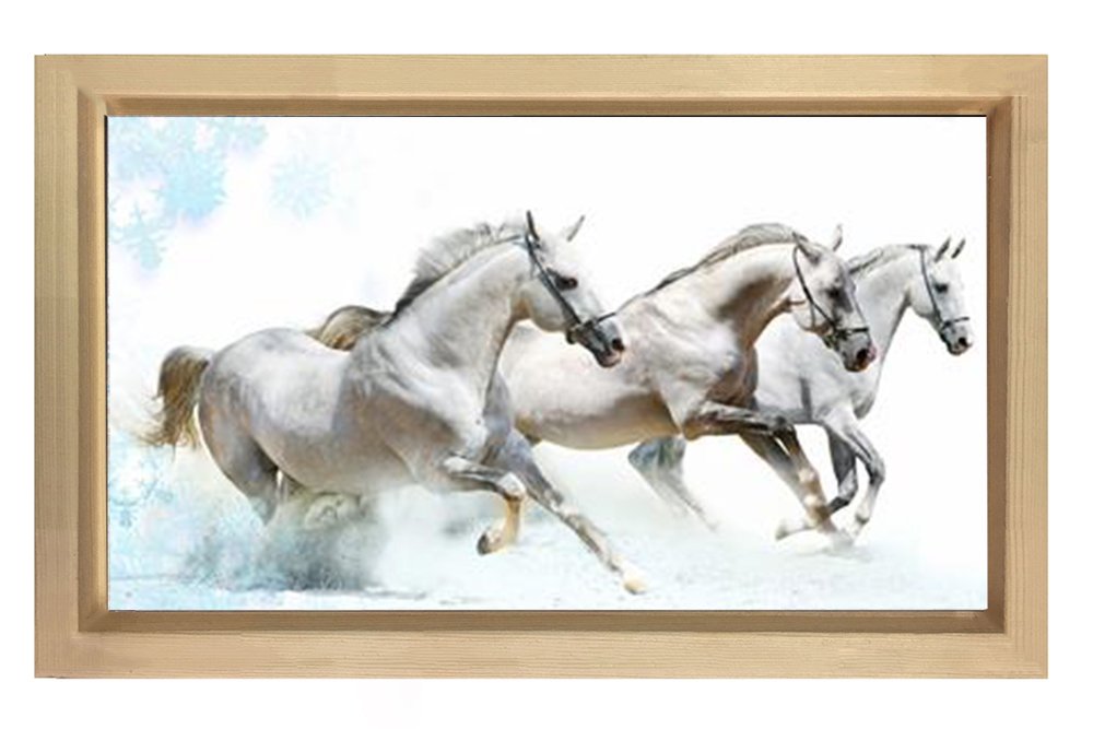 Beyaz Atlar Tablosu Naturel Ahşap Çerçeve - 100x200