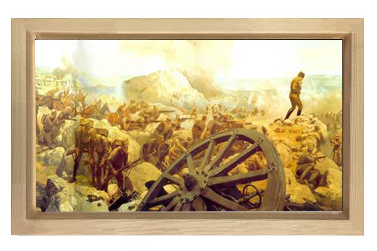 Atatürk  Ve Büyük Taarruz  Tablosu Naturel Ahşap Çerçeve - 70x100