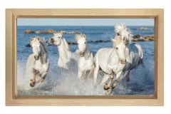 Suda Koşan Beyaz Atlar Tablosu Naturel Ahşap Çerçeve - 40x60