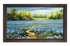 Mavi Çiçekli Doğa Manzara Tablosu Kahverengi Ahşap - 50x90