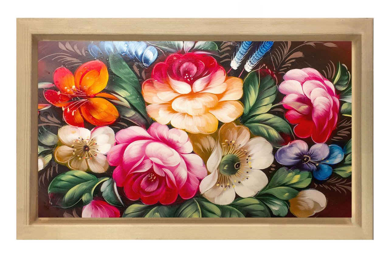 Renkli Gül Çiçekleri Naturel Ahşap Çerçeve - 45x30