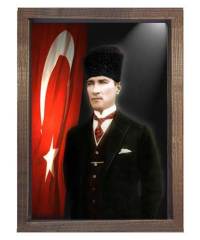 Atatürk Türk Bayrağı Tablosu Kahverengi Ahşap - 50x70