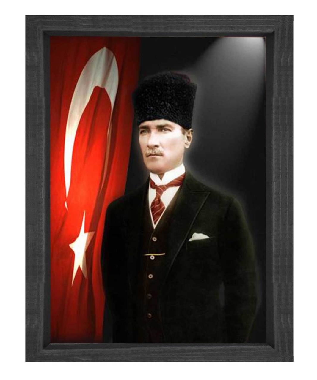Atatürk Türk Bayrağı Tablosu Siyah Ahşap - 50x90