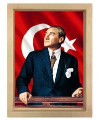 Atatürk Türk Bayrağı Naturel Ahşap Çerçeve - 40x60