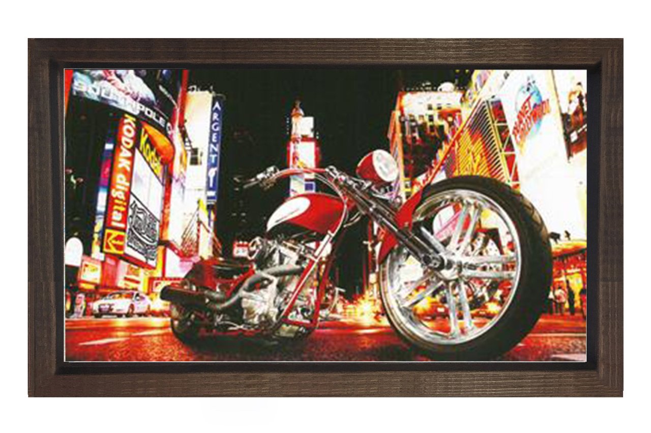 Vintage Motorsiklet ve Şehir Tablosu Kahverengi Ahşap Çerçeve - 50x90