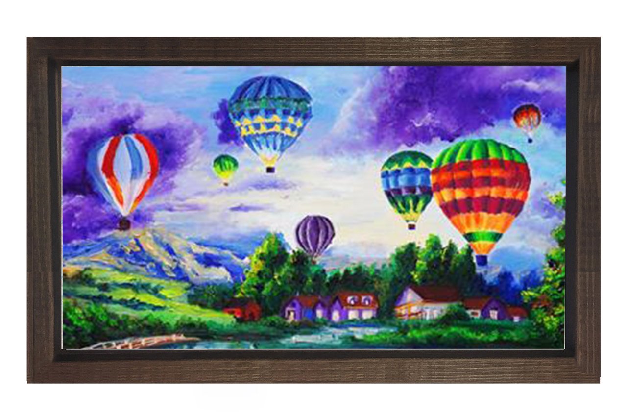 Uçan Renkli Balonlar Manzara Tablosu Kahverengi Ahşap Çerçeve - 50x70