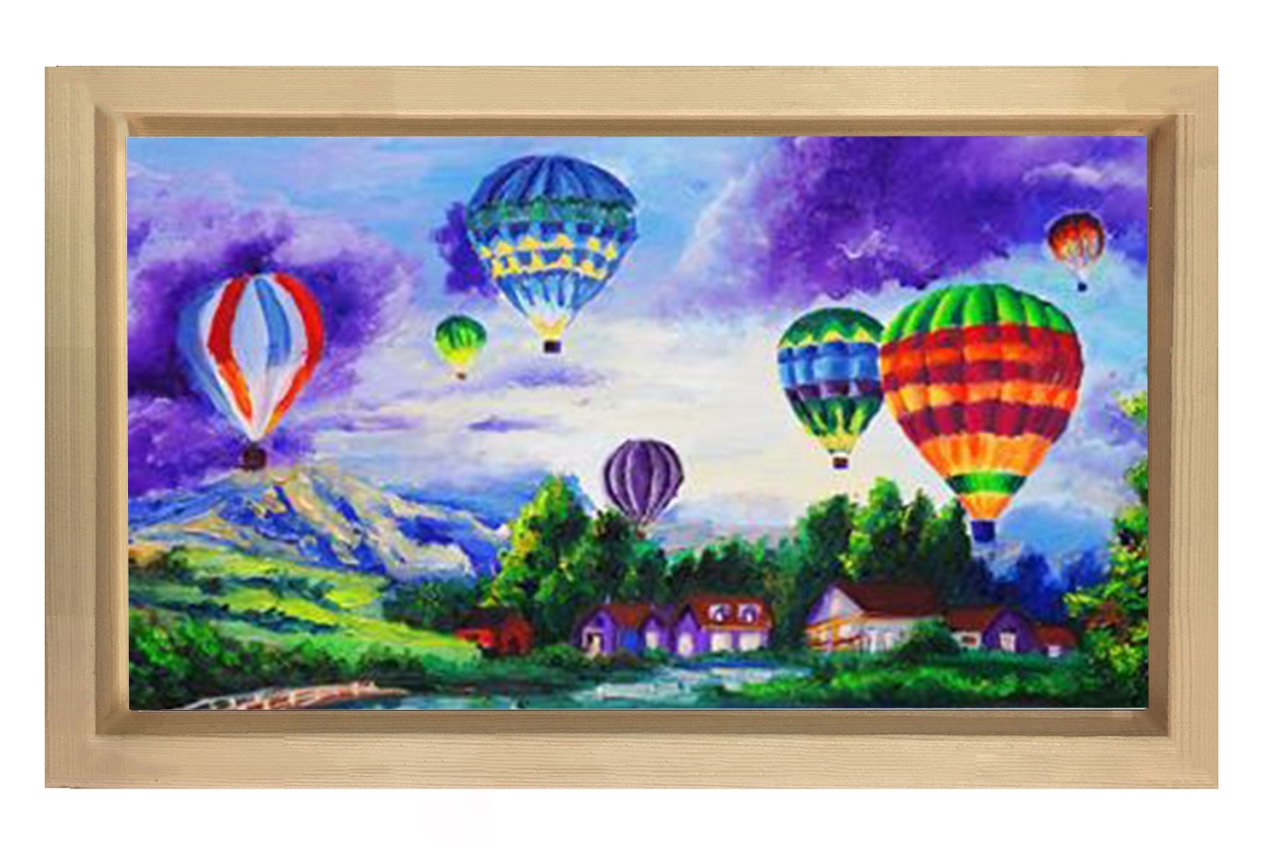 Uçan Renkli Balonlar Manzara Tablosu Naturel Ahşap Çerçeve - 50x90