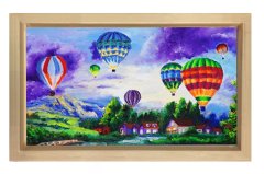 Uçan Renkli Balonlar Manzara Tablosu Naturel Ahşap Çerçeve - 50x90