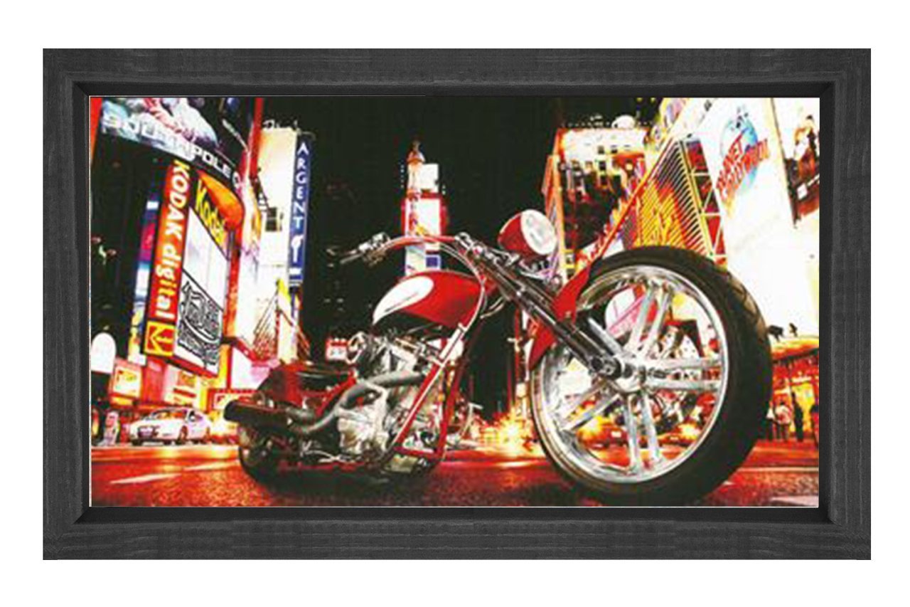 Vintage Motorsiklet ve Şehir Tablosu Siyah Ahşap Çerçeve - 45x30